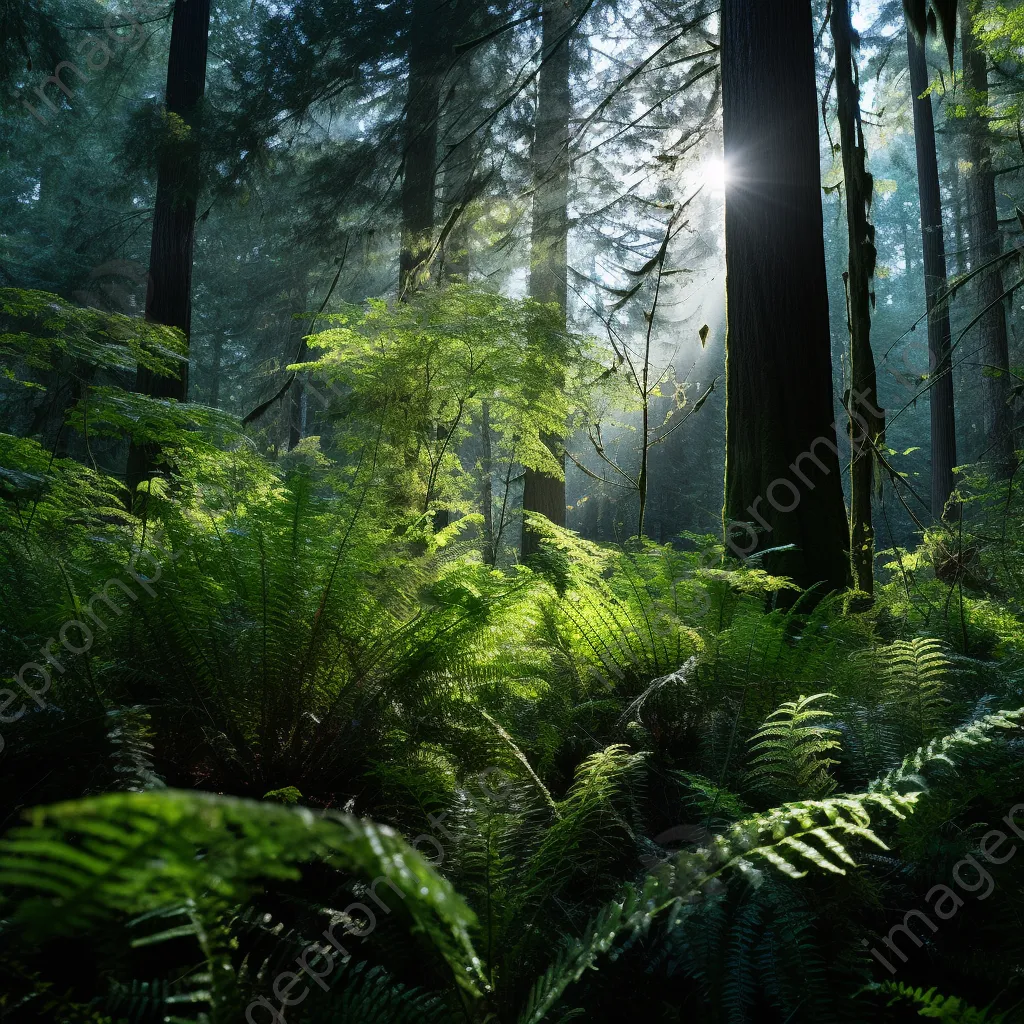 Dense forest understory with ferns and wildflowers illuminated by morning sunlight. - Image 3