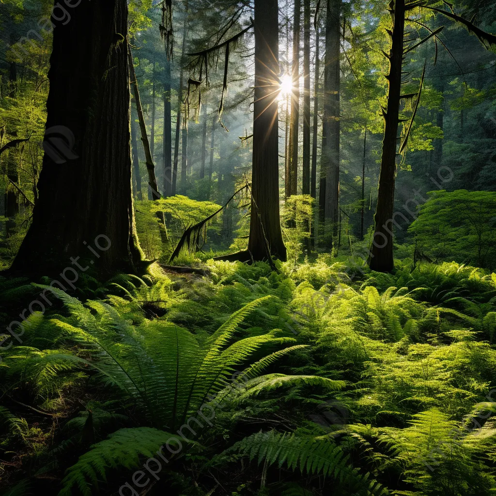 Dense forest understory with ferns and wildflowers illuminated by morning sunlight. - Image 4