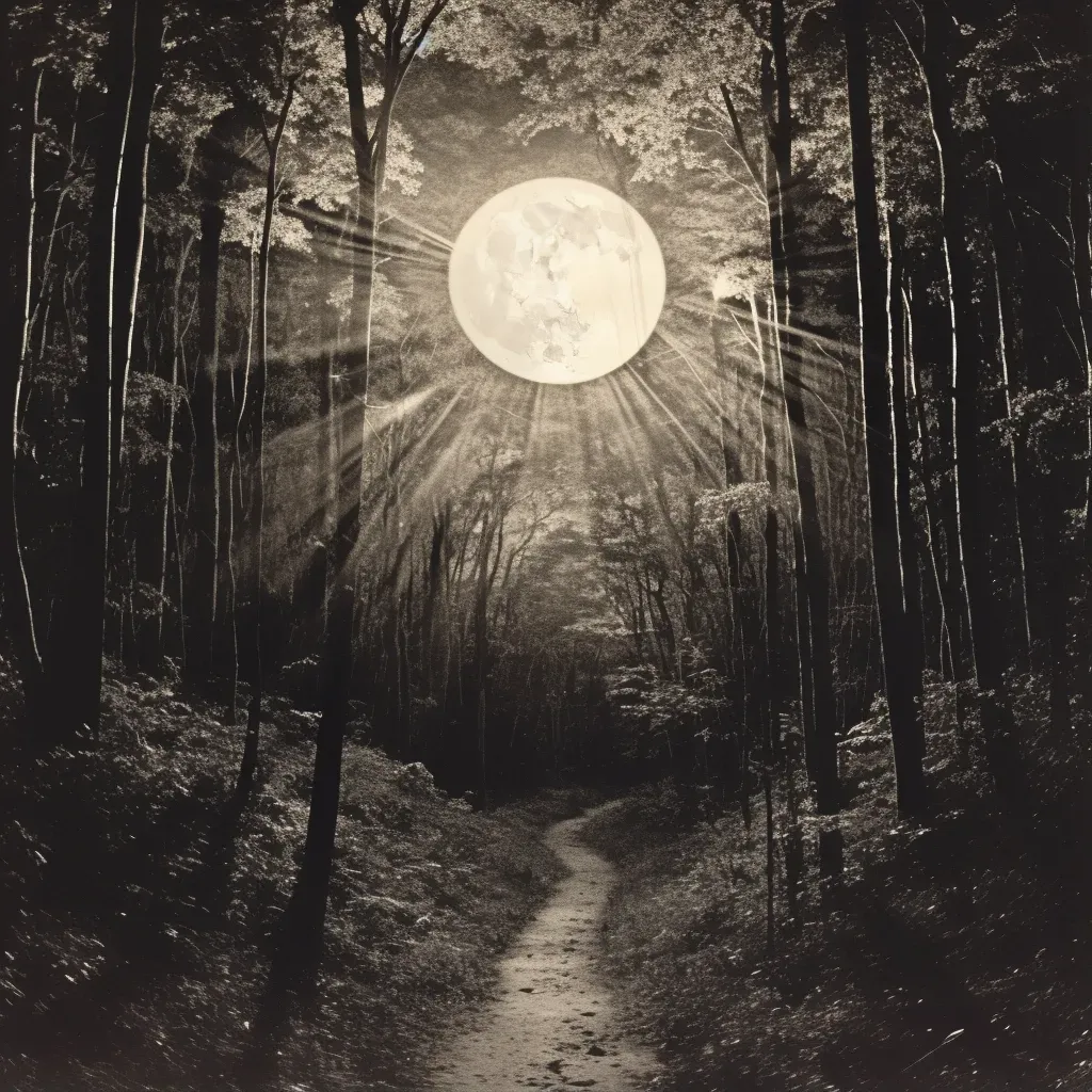 Full moon illuminating a dark, mysterious forest path - Image 1