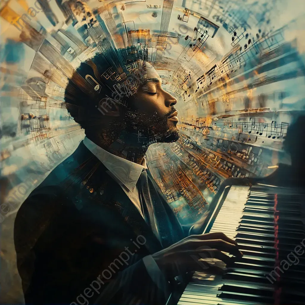 Surrealist painting of jazz pianist enveloped by floating piano keys - Image 2