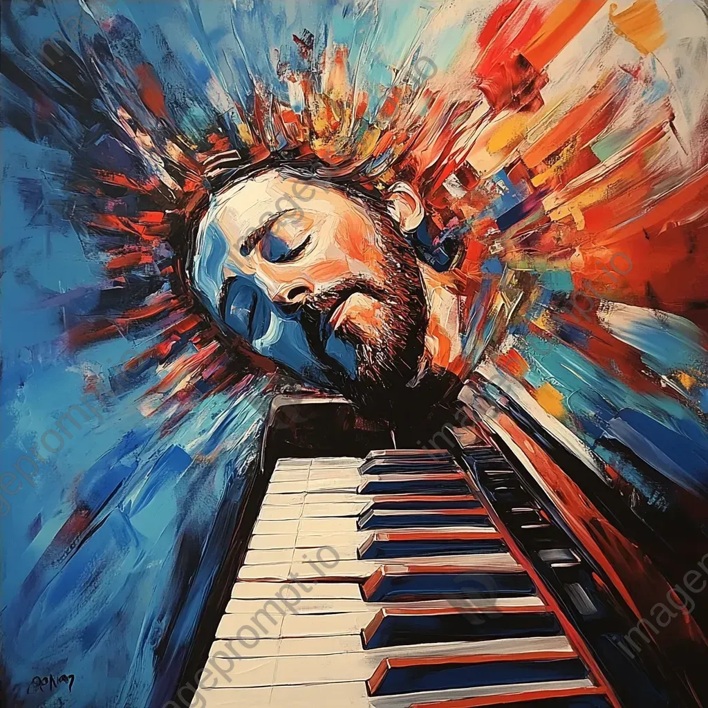 Surrealist painting of jazz pianist enveloped by floating piano keys - Image 4