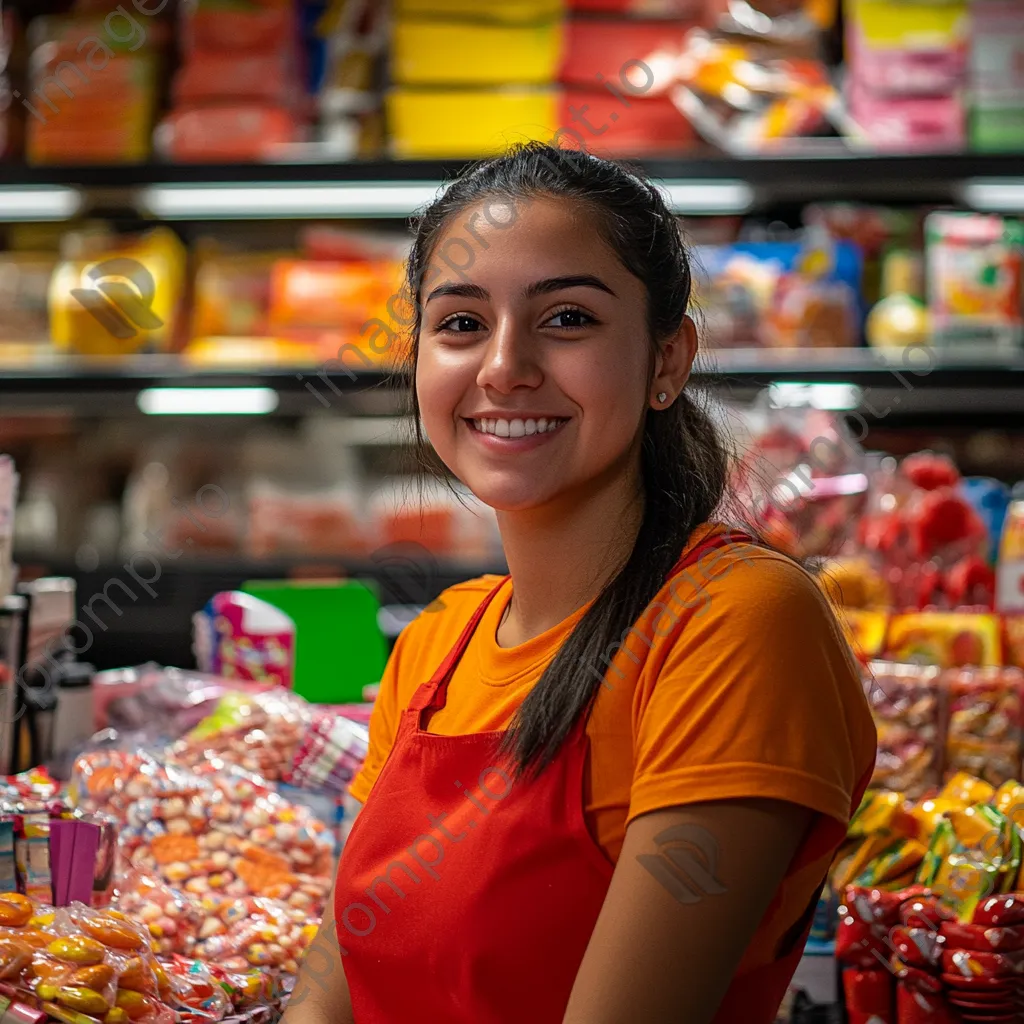 Cashier smiling behind the register with candy and snacks displayed in the background. - Image 1