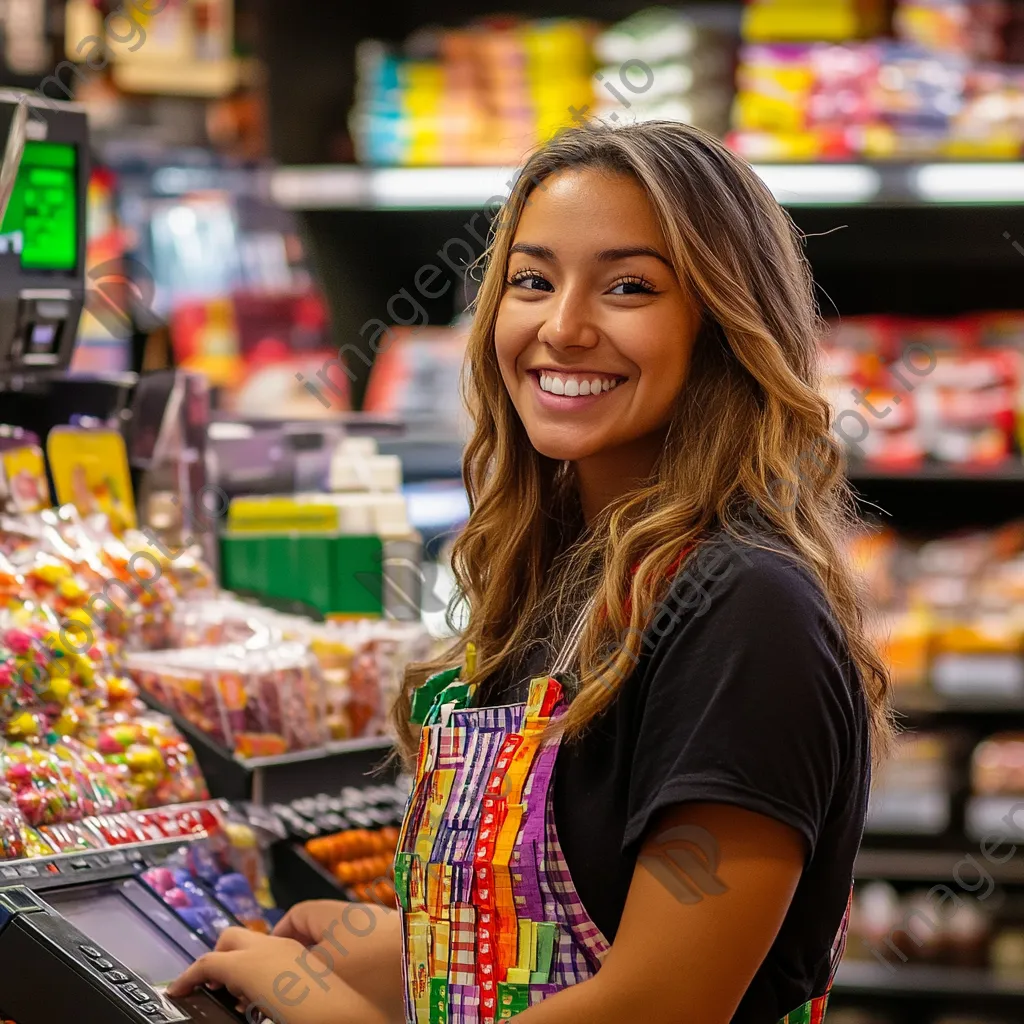 Cashier smiling behind the register with candy and snacks displayed in the background. - Image 2