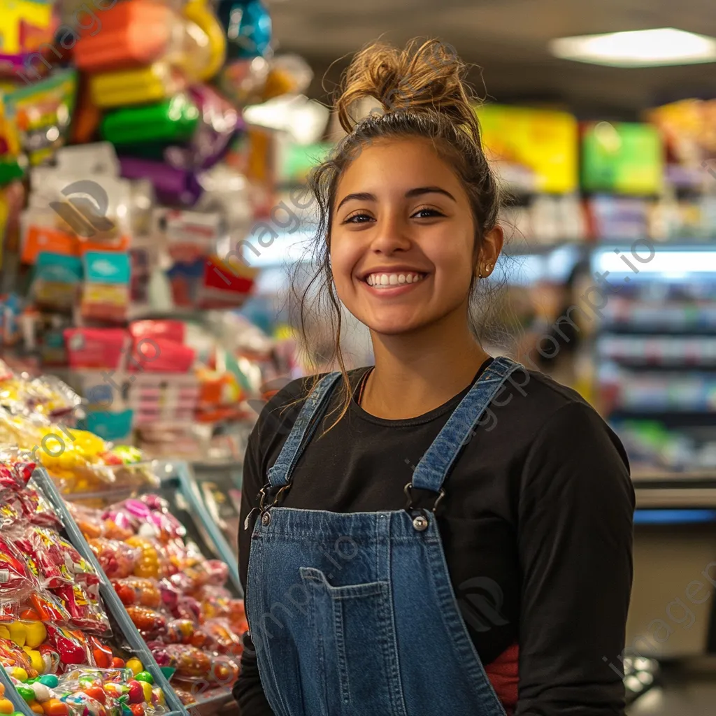 Cashier smiling behind the register with candy and snacks displayed in the background. - Image 3