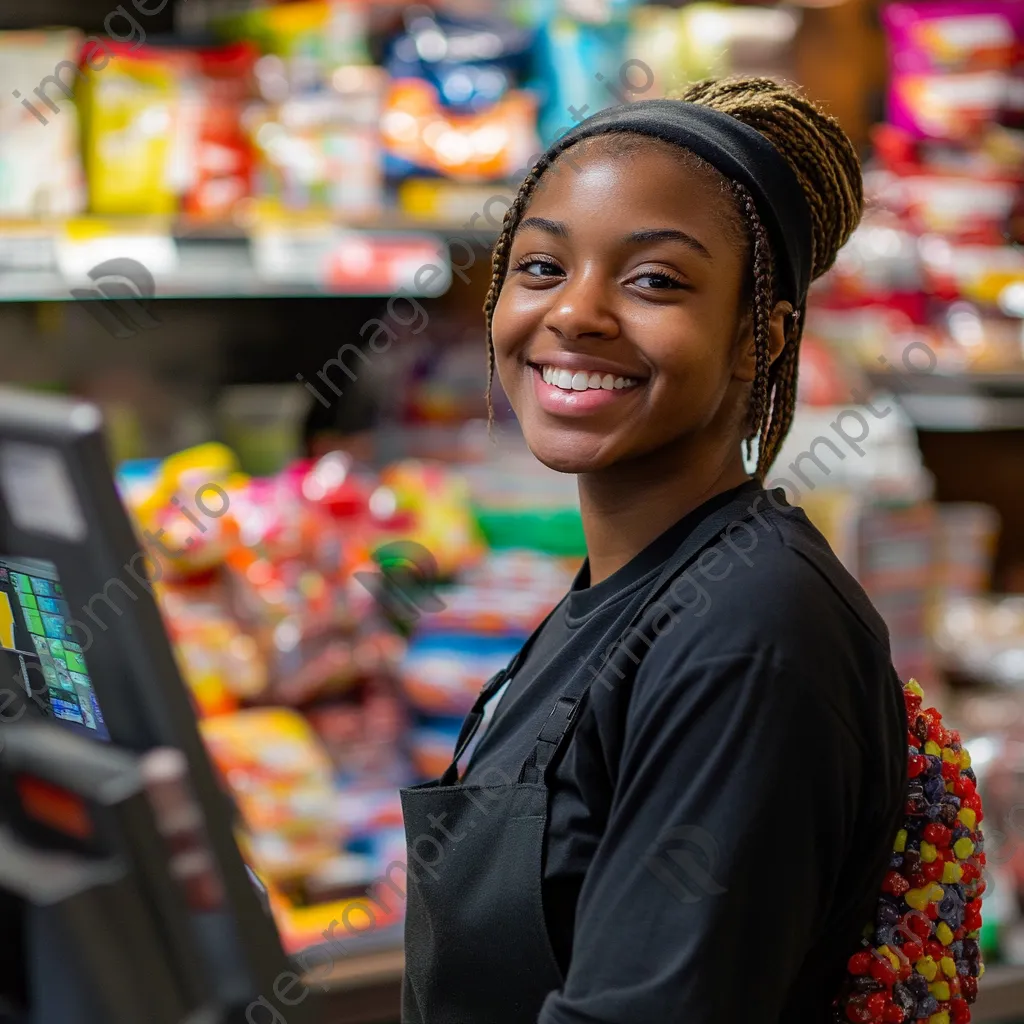 Cashier smiling behind the register with candy and snacks displayed in the background. - Image 4