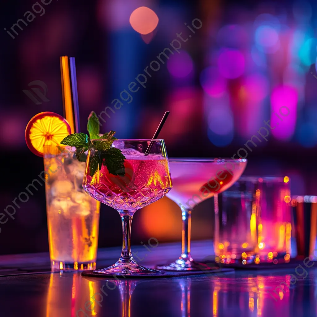 Close-up of neon-lit cocktails on a bar counter - Image 1