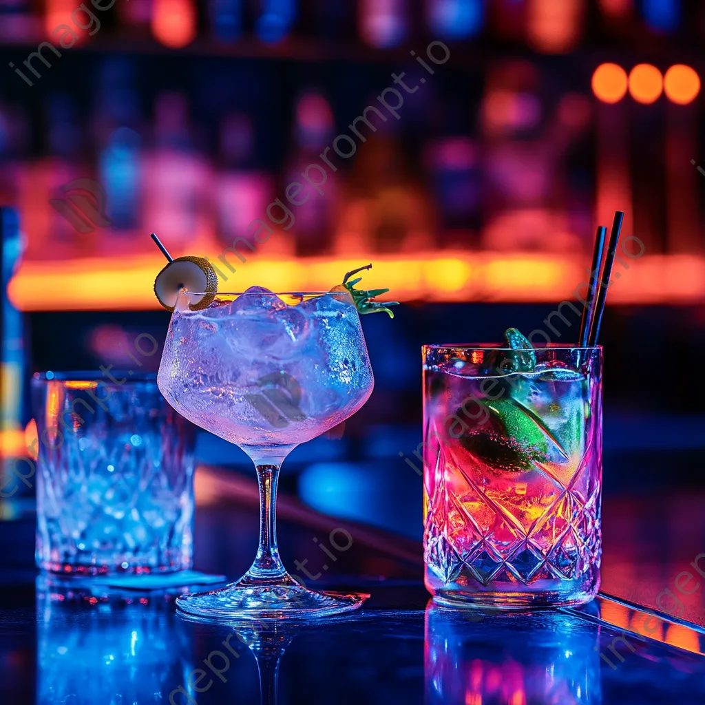 Close-up of neon-lit cocktails on a bar counter - Image 2