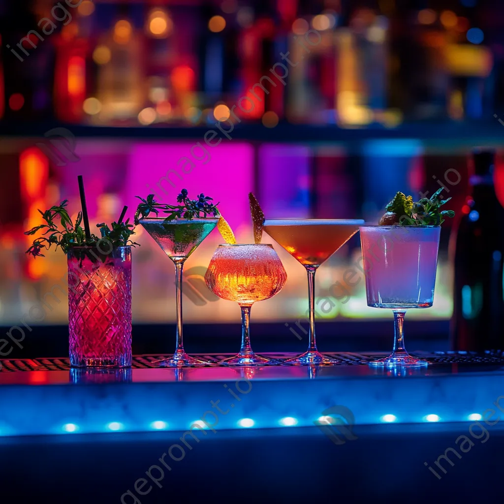 Close-up of neon-lit cocktails on a bar counter - Image 4