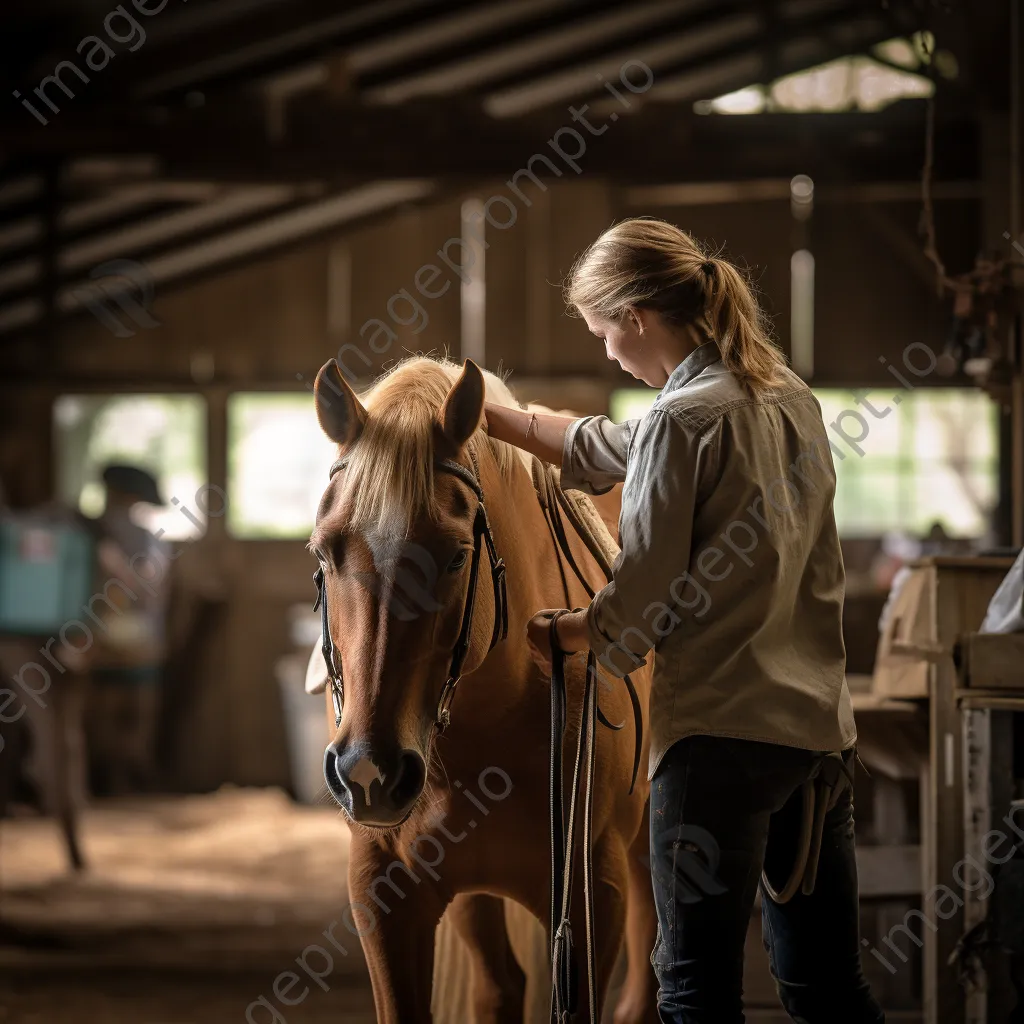 Novice rider learning to saddle a horse with mentor