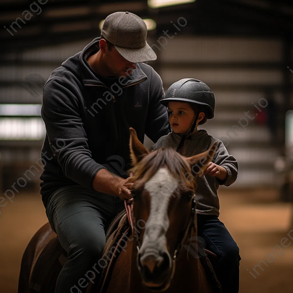 Novice rider learning to saddle a horse with mentor