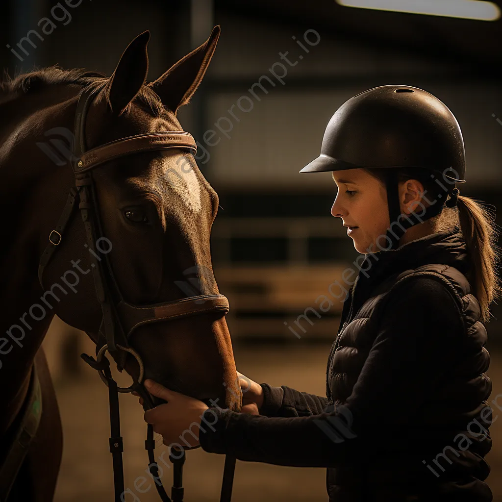 Novice rider learning to saddle a horse with mentor