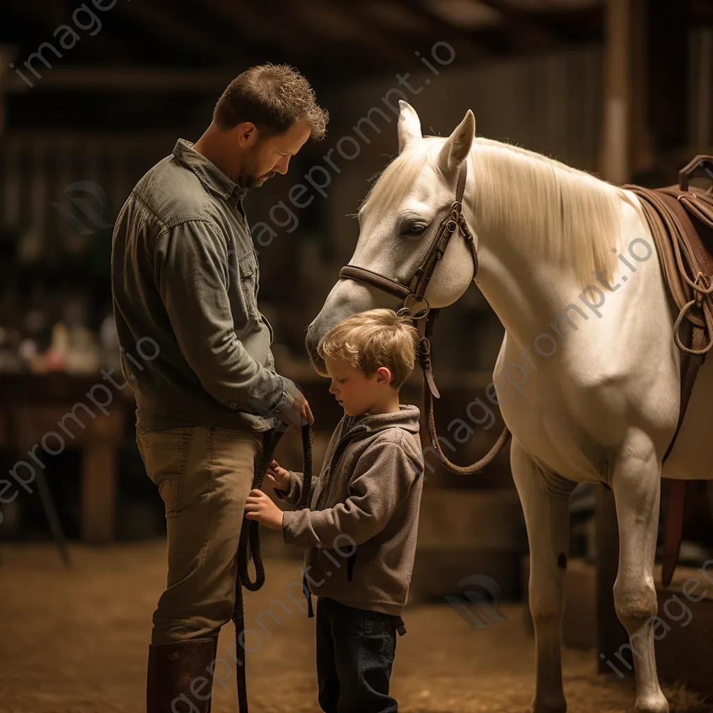 Novice rider learning to saddle a horse with mentor