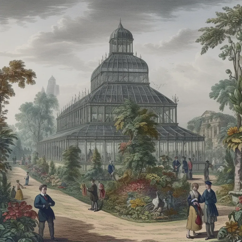 Image of a botanical garden in a Victorian era setting with a glass greenhouse - Image 1