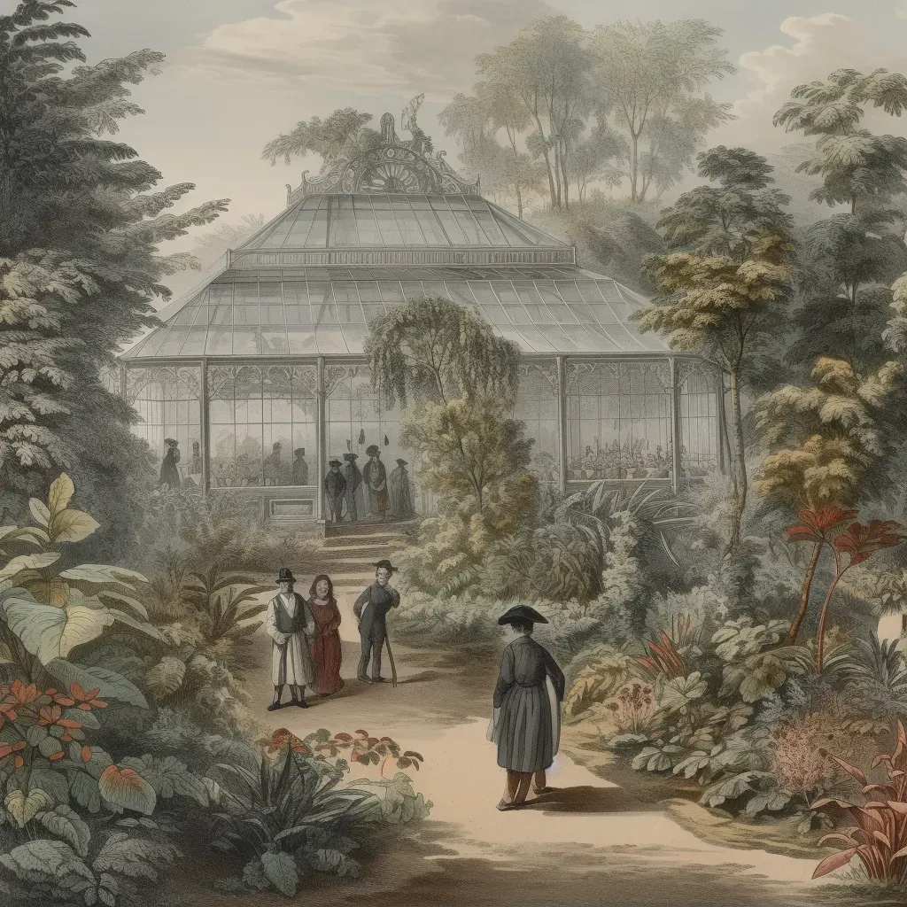 Image of a botanical garden in a Victorian era setting with a glass greenhouse - Image 2