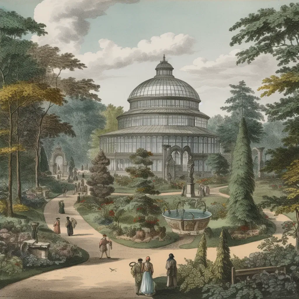 Image of a botanical garden in a Victorian era setting with a glass greenhouse - Image 4