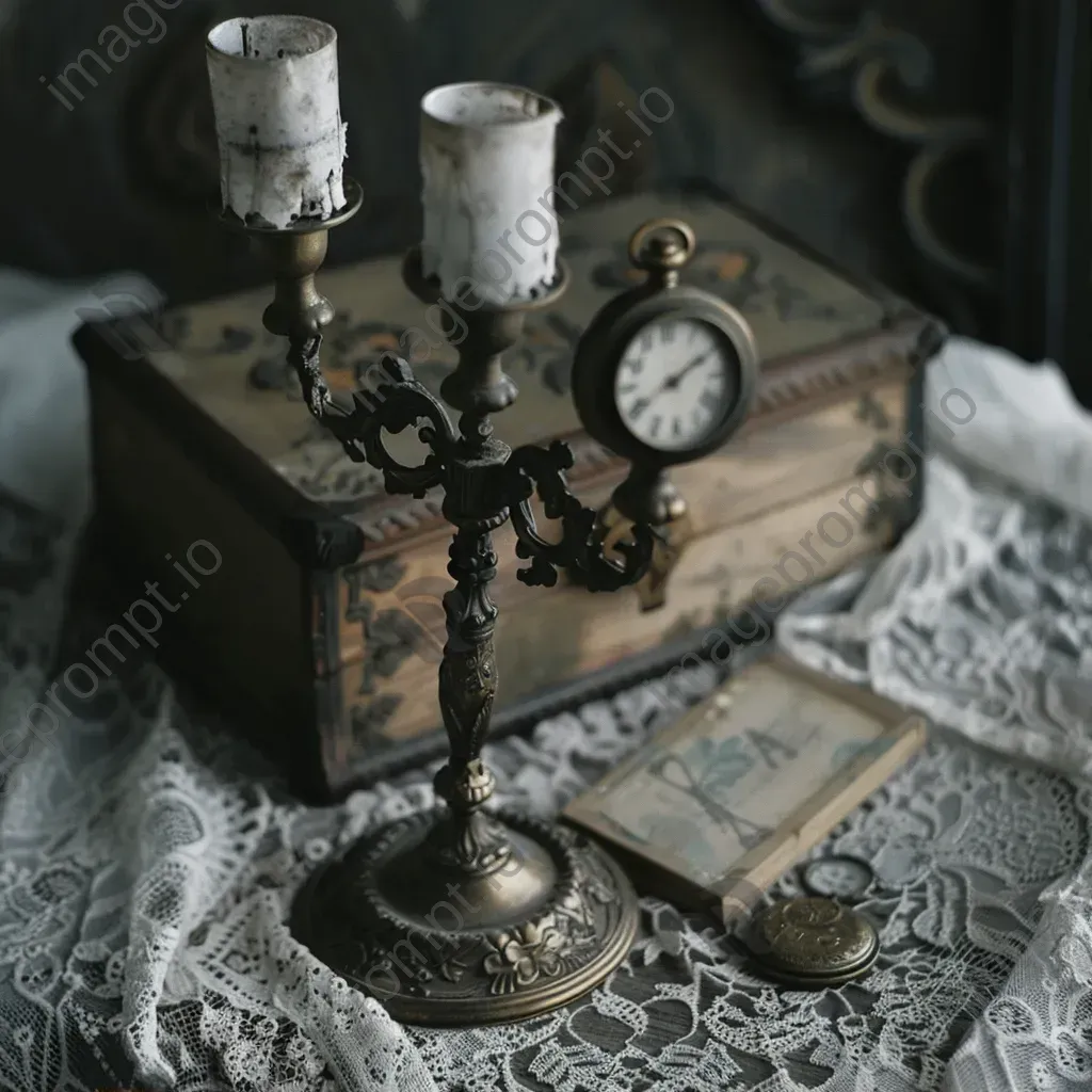 Vintage candelabra on lace doily, old pocket watch on ornate wooden box - Image 1