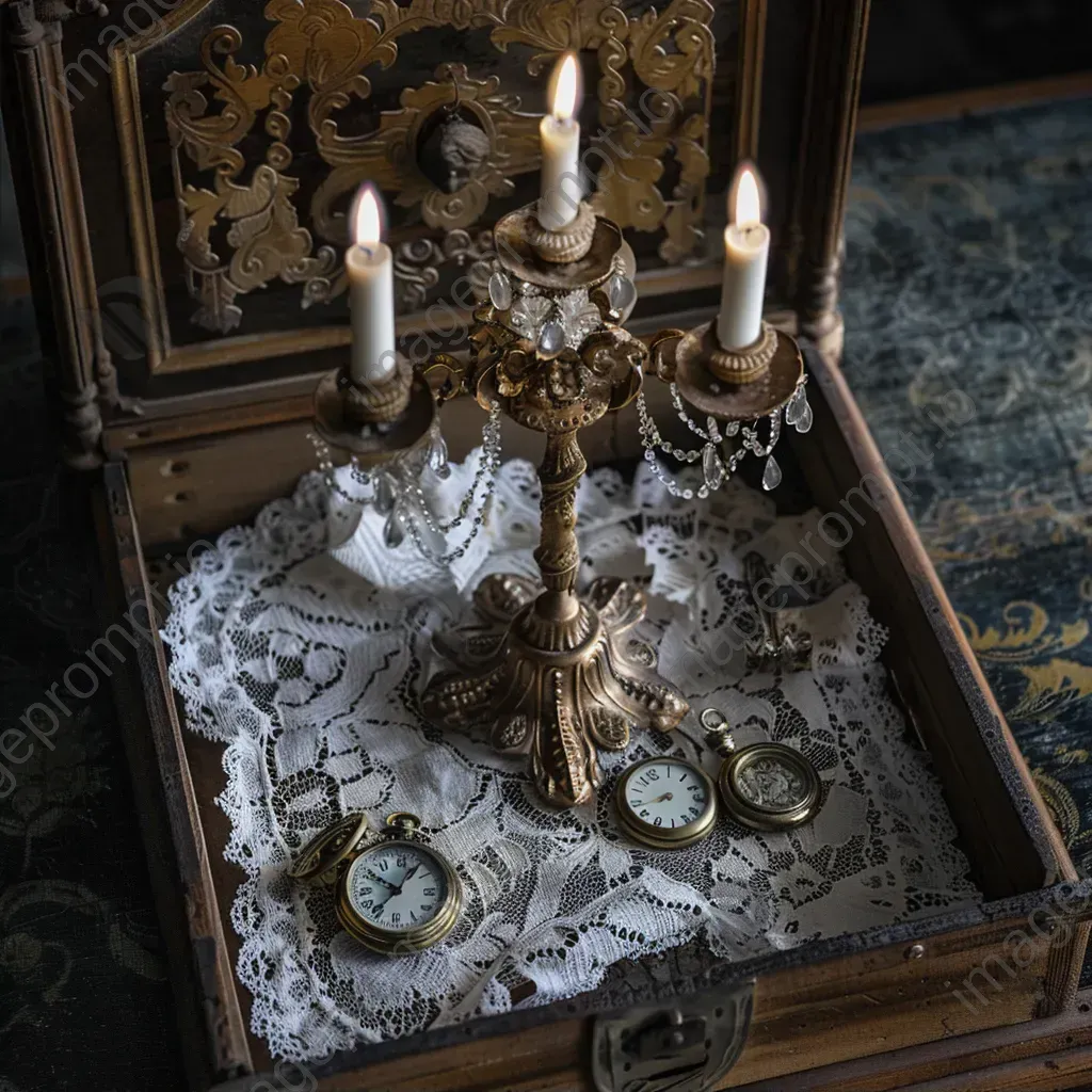 Vintage candelabra on lace doily, old pocket watch on ornate wooden box - Image 2