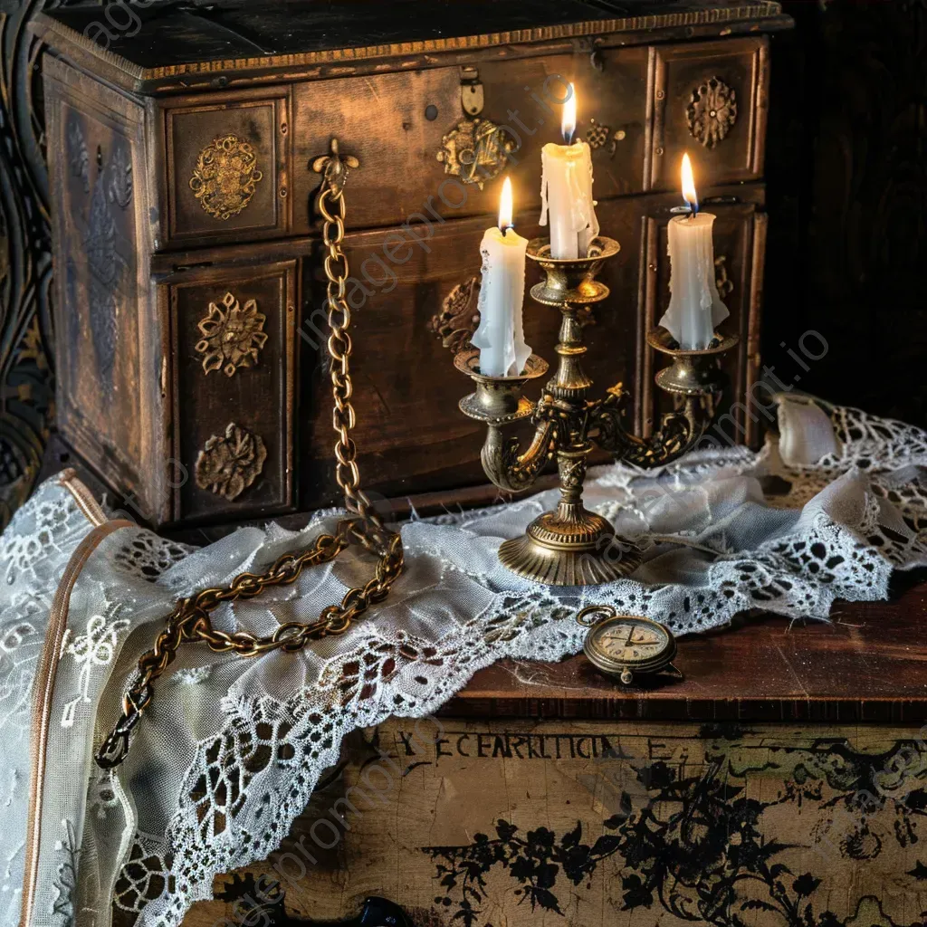 Vintage candelabra on lace doily, old pocket watch on ornate wooden box - Image 4