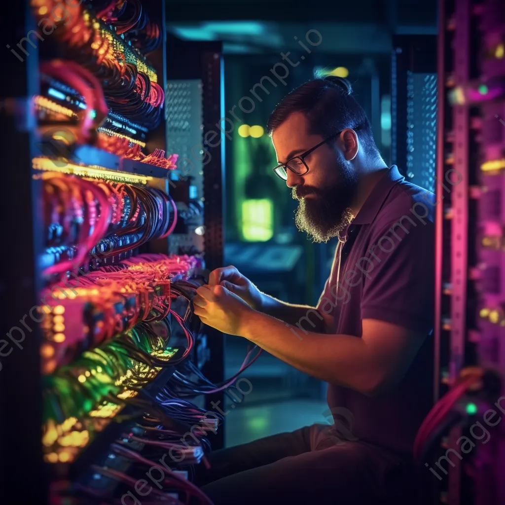 An IT technician managing servers in a busy server room with warm lighting. - Image 1