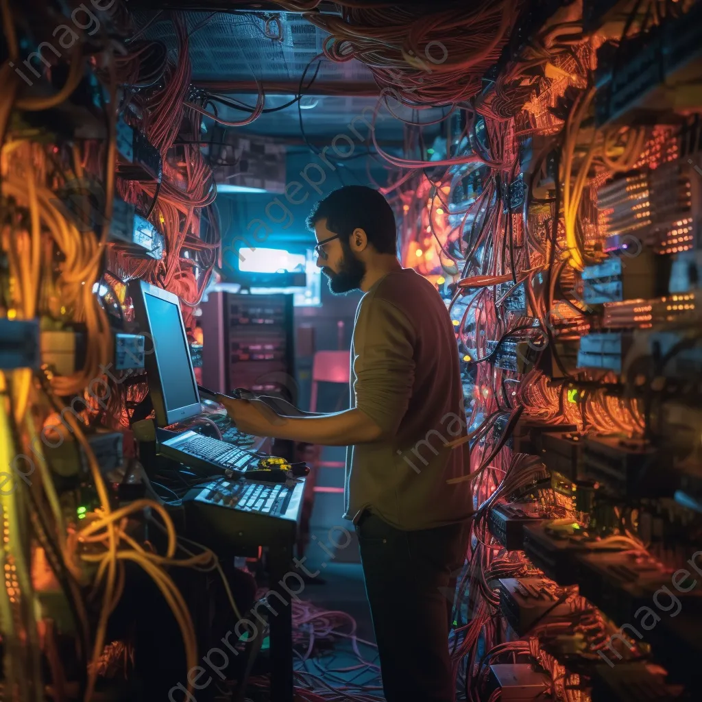 An IT technician managing servers in a busy server room with warm lighting. - Image 2