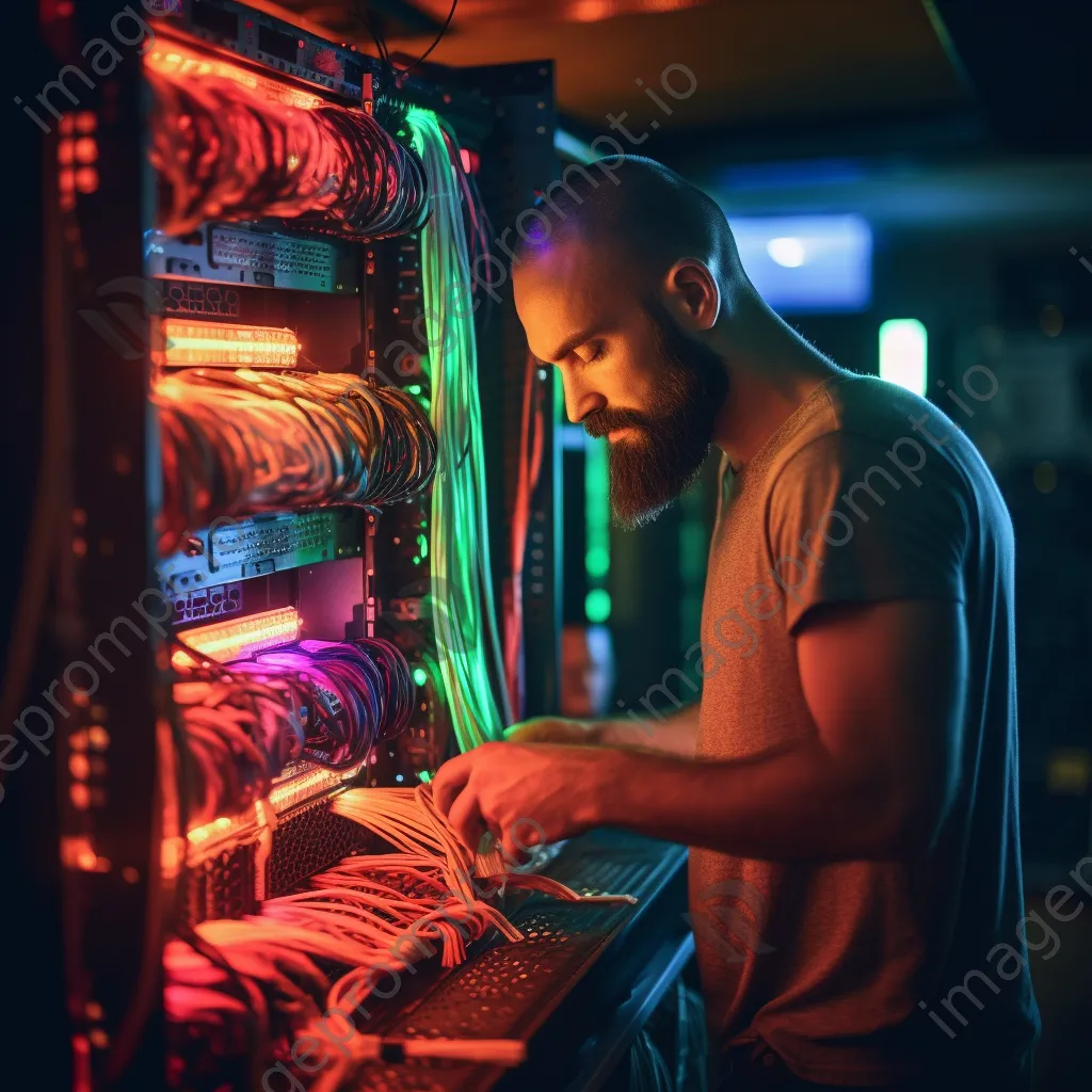 An IT technician managing servers in a busy server room with warm lighting. - Image 4