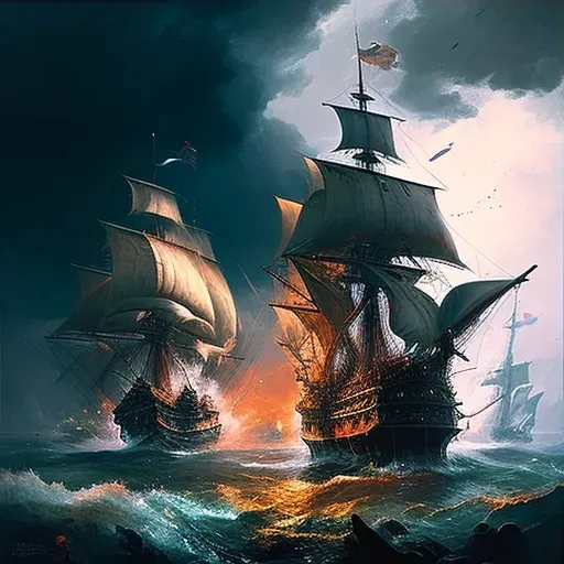 Naval Battle Between Galleons under Stormy Sky