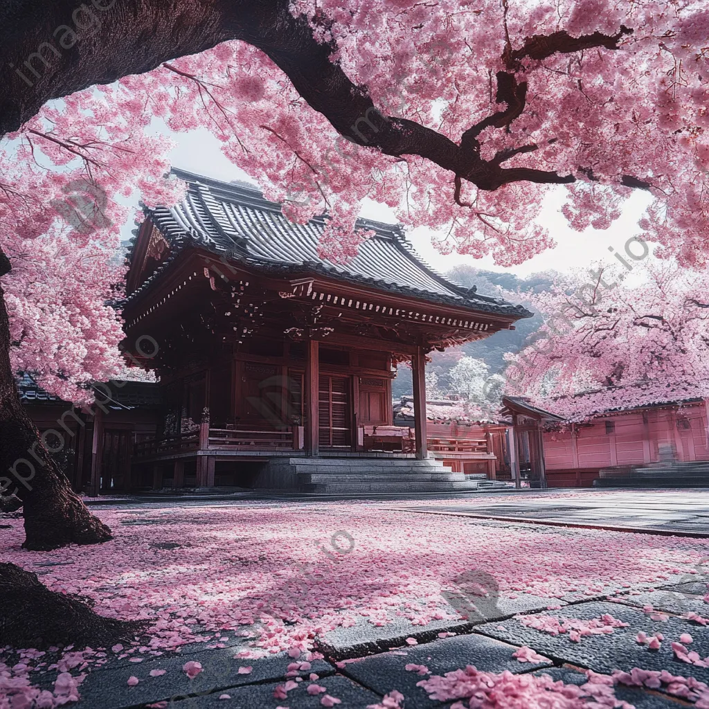 Cherry blossom tree in bloom near ancient shrine - Image 1