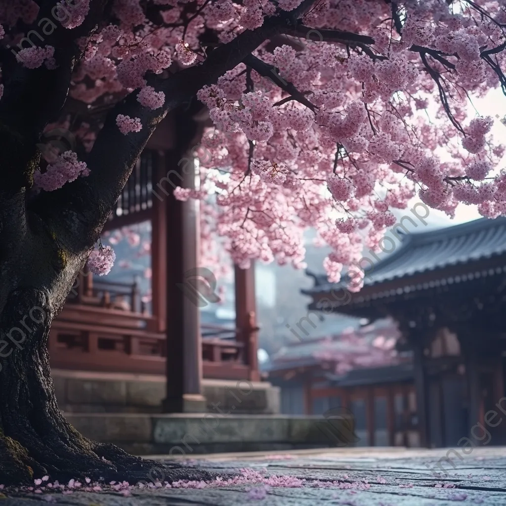 Cherry blossom tree in bloom near ancient shrine - Image 2