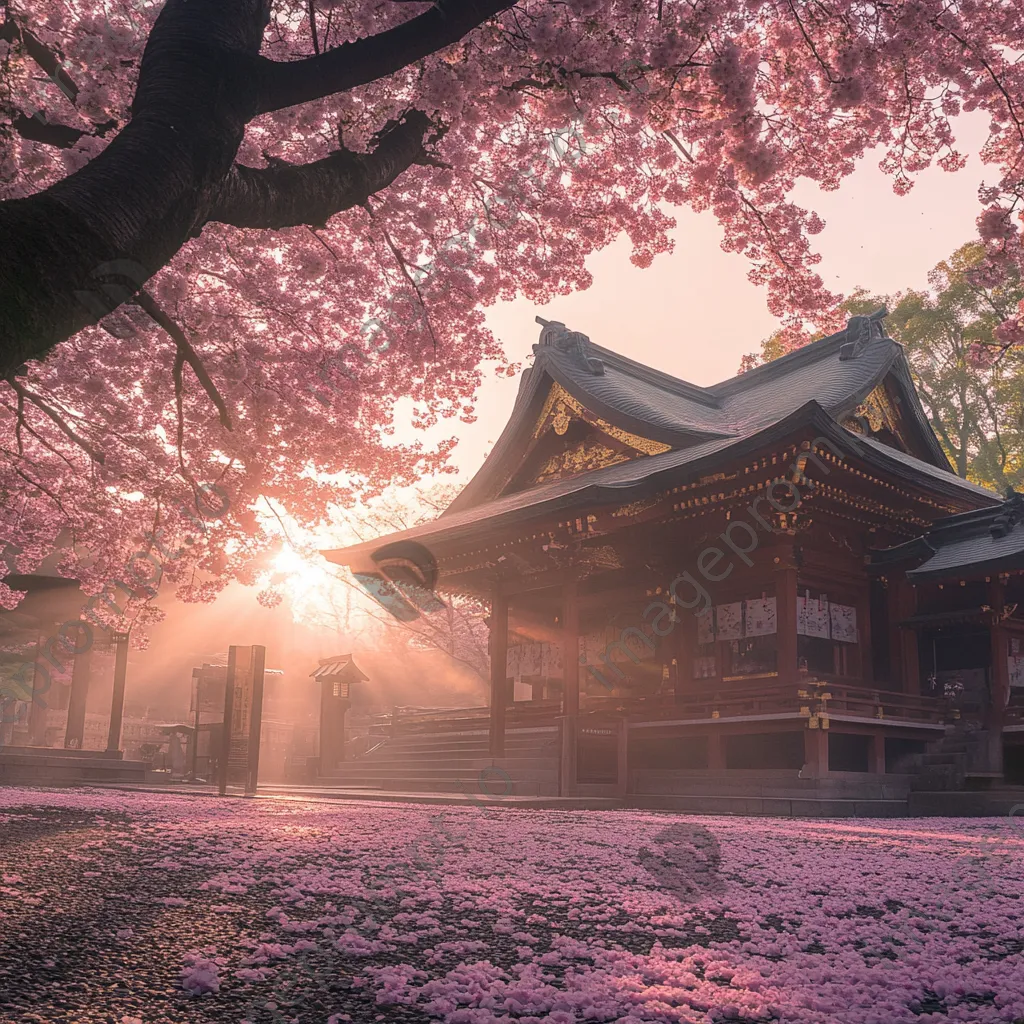 Cherry blossom tree in bloom near ancient shrine - Image 3