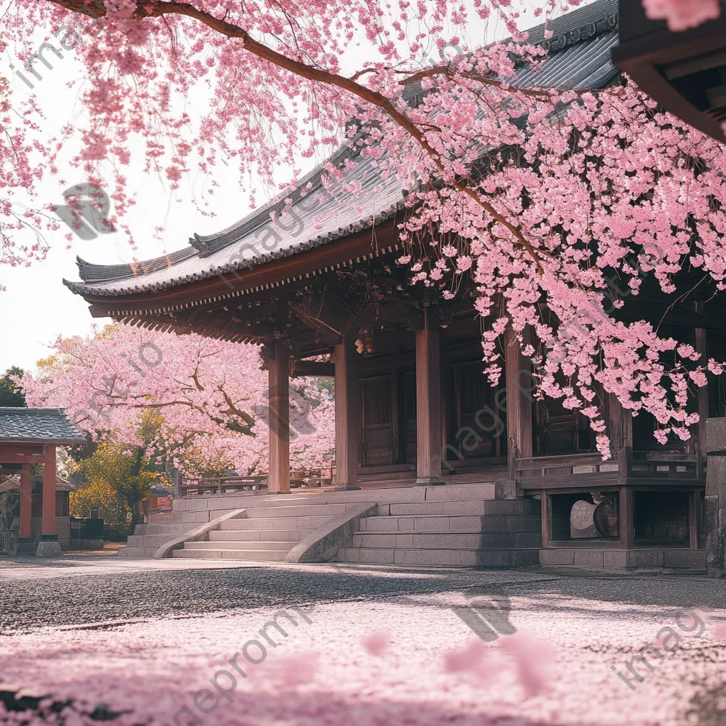 Cherry blossom tree in bloom near ancient shrine - Image 4