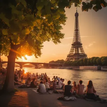 Eiffel Tower at sunset with people having a picnic by the Seine River - Image 1