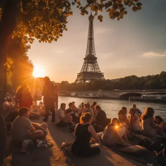 Eiffel Tower at sunset with people having a picnic by the Seine River - Image 4