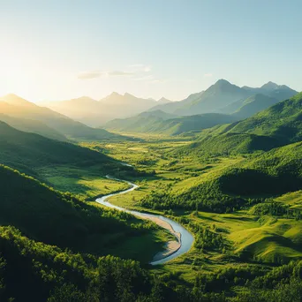 Mountain valley with a winding river and dramatic peaks - Image 1