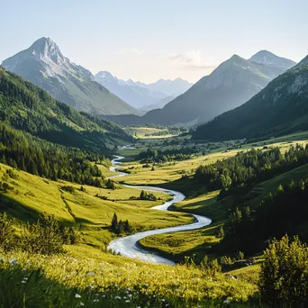 Mountain valley with a winding river and dramatic peaks - Image 3