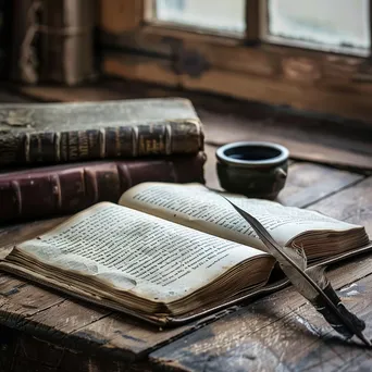 An open book with a quill and ink pot on a wooden table. - Image 2