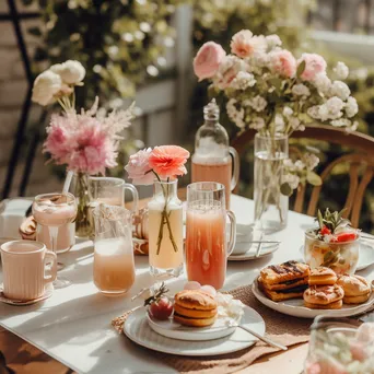 Outdoor brunch setup with various iced coffees and blooming flowers. - Image 1