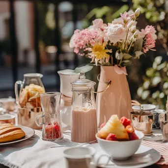 Outdoor brunch setup with various iced coffees and blooming flowers. - Image 2