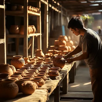 Handcrafted clay pottery drying on wooden racks in an artisan workshop - Image 1