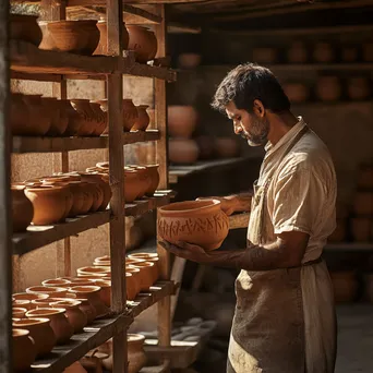 Handcrafted clay pottery drying on wooden racks in an artisan workshop - Image 2