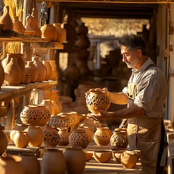 Handcrafted clay pottery drying on wooden racks in an artisan workshop - Image 3