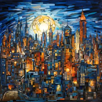 Twilight cityscape crafted from glowing recycled glass, in the style of Cubism - Image 1