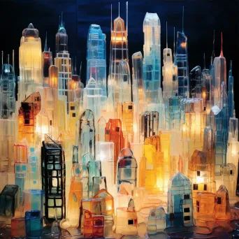 Twilight cityscape crafted from glowing recycled glass, in the style of Cubism - Image 3