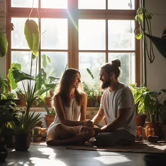 Couple doing partner yoga poses in a studio - Image 1