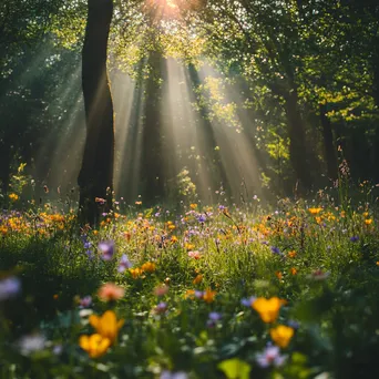 Forest understory covered with blooming wildflowers and buzzing bees. - Image 2