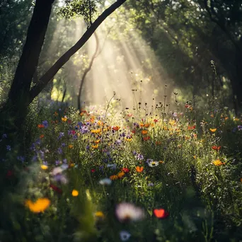 Forest understory covered with blooming wildflowers and buzzing bees. - Image 3