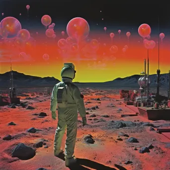 Scientist exploring neon-colored alien landscape under starry extraterrestrial sky - Image 1