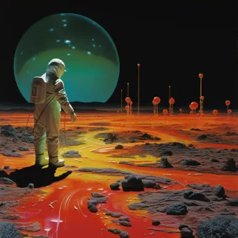 Scientist exploring neon-colored alien landscape under starry extraterrestrial sky - Image 3