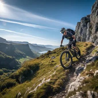 Cyclist riding downhill on a rocky path with cliffs appearing in the distance. - Image 1