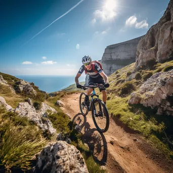 Cyclist riding downhill on a rocky path with cliffs appearing in the distance. - Image 2