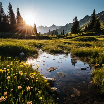 Tranquil alpine meadow reflecting a sky in a pond surrounded by wildflowers. - Image 3